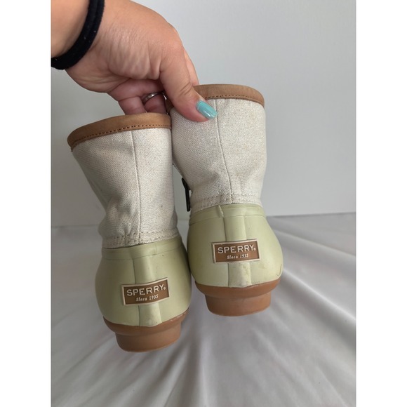Sperry Duck Boots Ankle Rain Boots Lace Up Side Zip Green Beige Womens size 7 - Picture 4 of 8